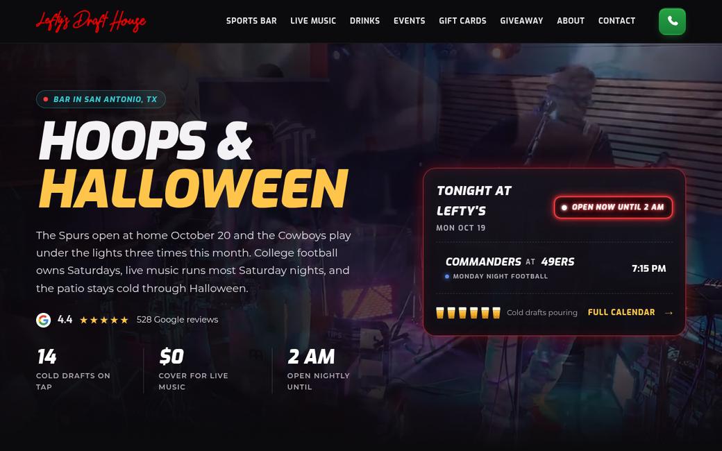 Lefty’s Draft House new homepage at leftysdrafthouse.com
