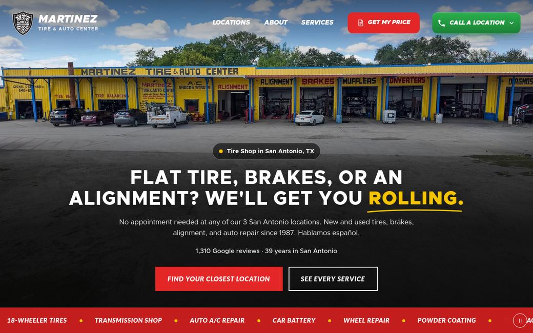 Martinez Tire and Auto Center rebuilt homepage at mtztire.com